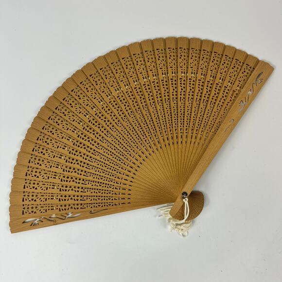 Vintage Folding Hand Fan Wood with Original Box Pierced Reticulated White Tassel - Picture 2 of 6